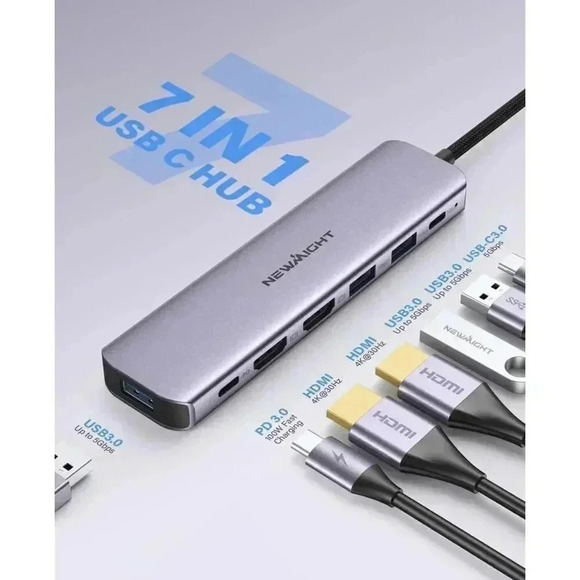 Newmight 7 in 1 USB C to Dual HDMI Adapter 3 USB 3.0, PD 100W Charging USB,USB C - Picture 2 of 12